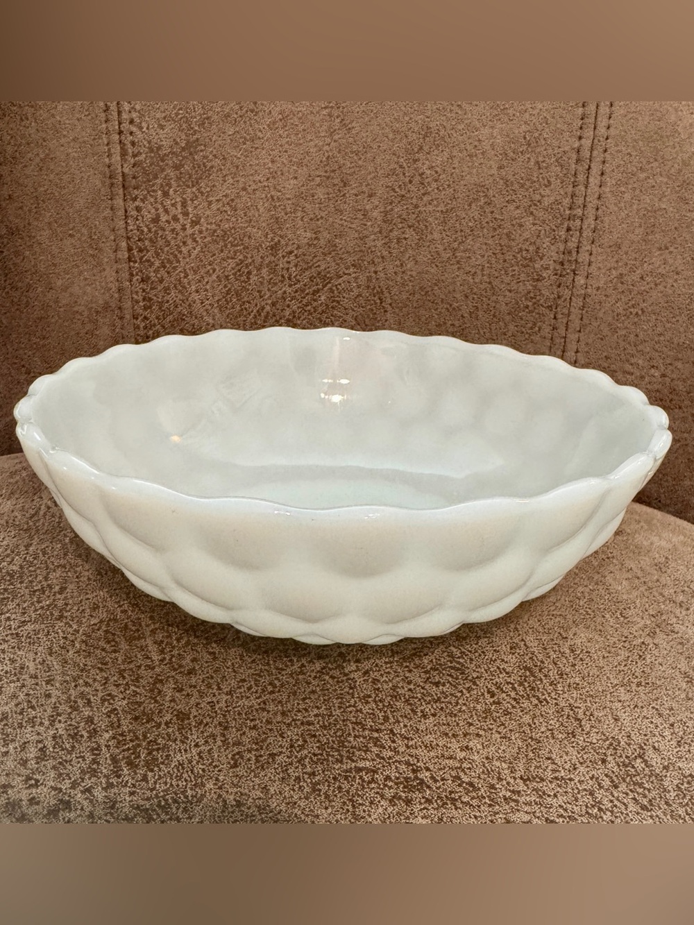 Vintage White Milk Glass Scalloped Serving Bowl 8.5” Round Fruit Bowl Decor
